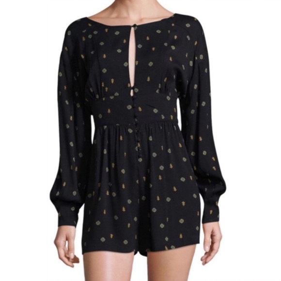 FREE PEOPLE Love Grows Romper Print Long Sleeve Leggy Short, Black Combo, XS - Picture 3 of 10